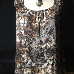 Lovely Pleione Women’s Lined Brown/Gray Gathered Round Neck Cap Sleeve Top Sz.1X